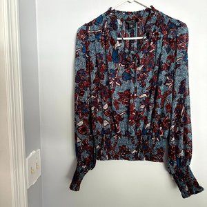 Rachel Zoe Sheer Blue Multi Floral Blouse Elastic Waist Size Small